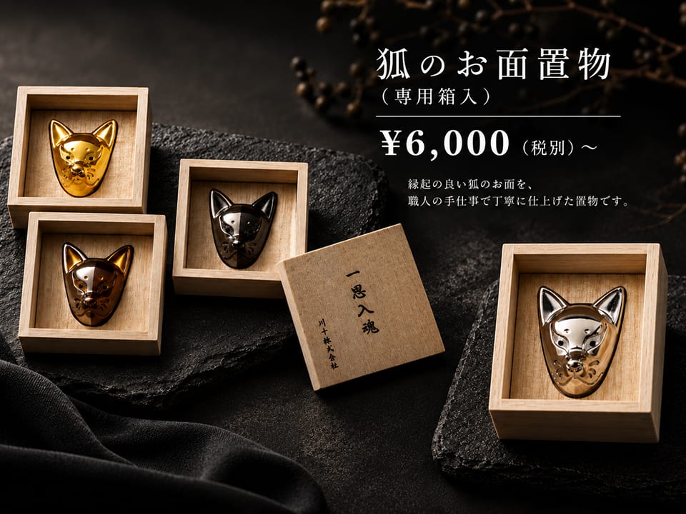 金属製の狐のお面置物の写真